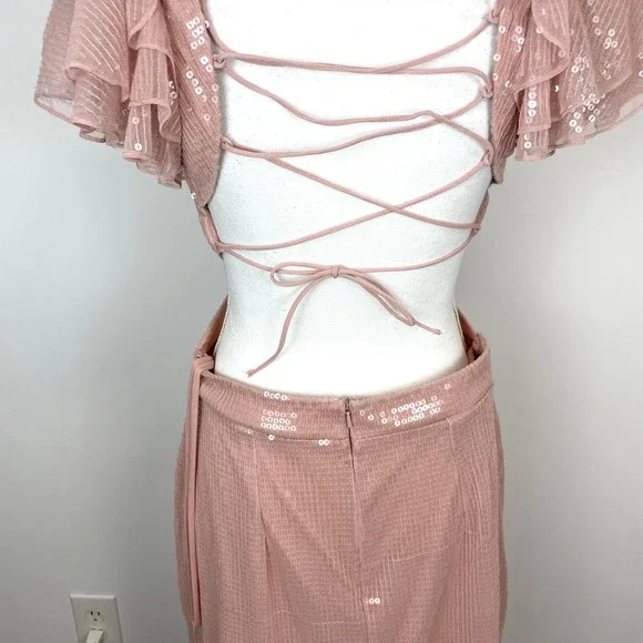 Mac Duggal Sequined Ruffled Cut Out Lace Up Gown In Rose Pink 10829 Size 8 New - Picture 11 of 16